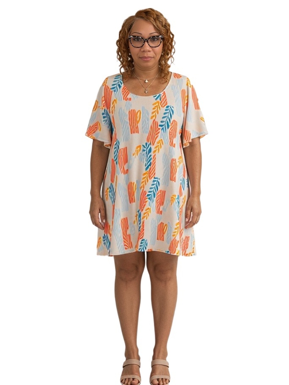 Kim Rogers Dress with Orange & Blue Leaf Print